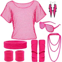 YADODO 90er 80er Jahre Outfit Damen Mottoparty Netzoberteil mit Accessoires Neon Party Outfit Kostüm 80er Jahre Damen Aerobic 80er Jahre kleidung Typisch Off Shoulder Netzshirt Frauen 80er Rosa