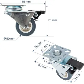 HMF 6720 Doppelte Schwerlastrollen mit Bremse Polyurethan, 4er Set, 50 mm, Grau