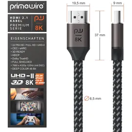 Primewire 8k HDMI Kabel 2.1 UHD II, 8k @ 120 Hz mit DSC, 7680 x 4320, 2k 4k Ethernet, HDR eARC VRR ALLM, kompatibel zu Blu Ray PS4 PS5 - 3 m