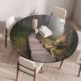 FANSU Tischdecke Outdoor Wetterfest Rund mit Gummizug, Rund Tischdecke mit 3D Muster Waschbar und Abwischbar für Esstisch, Couchtisch, Gartentisch Geeignet (Holzleiter,120cm)