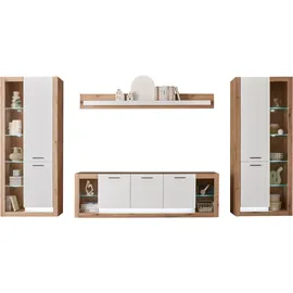 Home Affaire Wohnwand Brixen, moderne Anbauwand, Wohnzimmer-Set, Eiche Evoke Dekor mit Weiß, (Set, 4-St), enthält Stauraumelemente, Lowboard und Wandboard braun