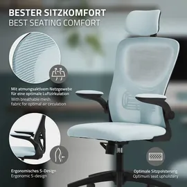 ML-Design Bürostuhl ergonomisch, Blau aus Mesh, mit Verstellbarer Kopfstütze, Armlehnen, Lendenwirbelstütze, Wippfunktion,
