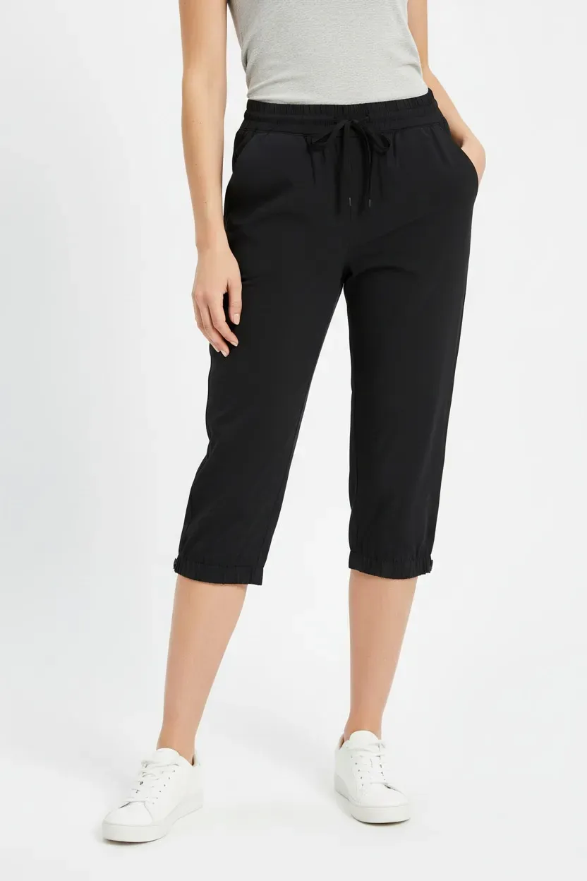 Funktionshose BONPRIX, Damen, Gr. 50, N-Gr, schwarz, Web, Obermaterial: 94% Polyester, 6% Elasthan, regular fit ca. Mitte Wade, Hosen Funktionshose, in 7/8 länge, Seitenschlitze mit Zipper, Reißverschlusstasche hinten