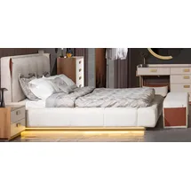 JVmoebel Beige Schlafzimmer Set Bett Nachttische Bank, aus Holz Textil