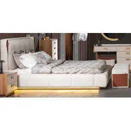JVmoebel Beige Schlafzimmer Set Bett Nachttische Bank, aus Holz Textil