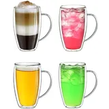 Creano doppelwandiges Thermoglas mit Henkel 400ml, großes Doppelwandglas aus Borosilikatglas, Kaffee-/Teeglas, 4x 400ml