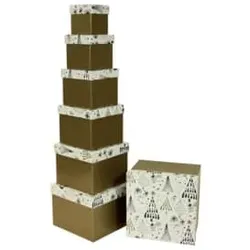 Weihn.Geschenkkarton Bäume gold/weiß 45113   7tlg Würfel