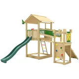Jungle Gym Spielturm JUNGLE GYM "Fortress", grün (dunkelgrün), Spieltürme, KinderB:373cm H:318cm T:397cm, Holz, Spielanlage mit 2 Türmen, Brücke und Rutsche mit Wasseranschluss, B:373cm H:318cm T:397cm