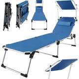 Titel  GARMIO® Sonnenliege PALMAS blau, klappbare Gartenliege mit Sonnendach, Kopfpolster, Alu-Gestell