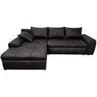luma-home Vintage Ecksofa Schlafsofa Eckcouch L-Sofa mit Ottomane u. Bettkasten in Schwarz & Schwarz