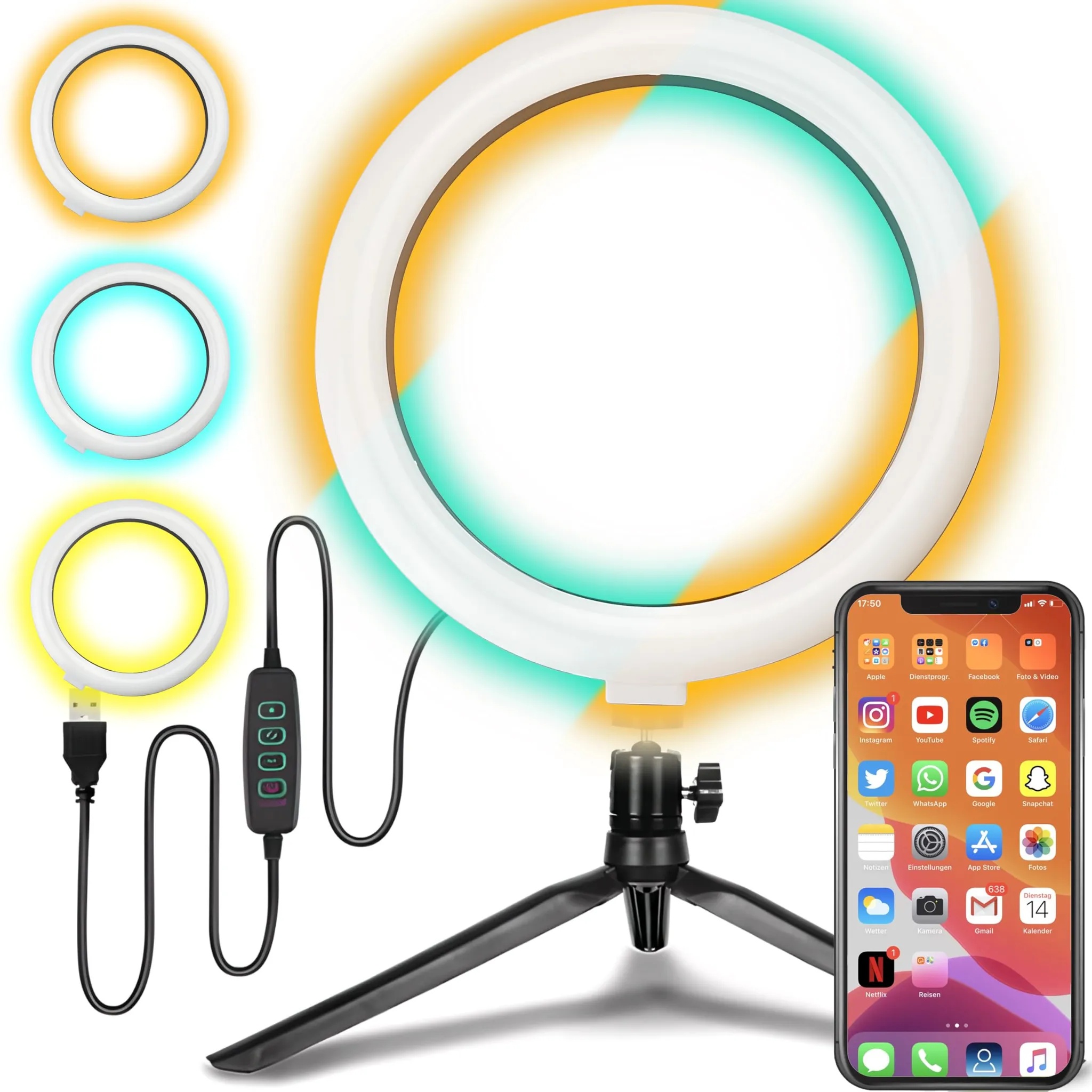 Retoo Selfie Ringlicht mit 14cm Stativ für Handy mit Fernbedienung & 3 Farben Einstellbare,7W LED Ring Licht mit USB Wiederaufladbare & 10 Helligkeitsstufen, Ringleuchte für Make-up, YouTube-Video