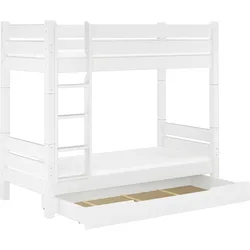 Erst-Holz Hochbett Kiefer weiß 90x200 Etagenbett stabil teilbar Rollrost Bettkasten 60.16-09WT100MS1