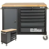 TRUTZHOLM Werkstattwagen Deluxe 6 Schubladen + Tür leer Werkzeugwagen, Rollwagen, Assistent | Arbeitsfläche 108x46,5cm Massivholz Arbeitsfläche Anthrazit