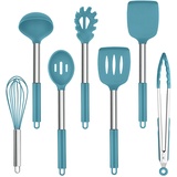 Homikit Küchenutensilien Set, 7 Stück Silikon Küchenhelfer Kochutensilien Set mit Edelstahlgriff, Antihaft Hitzebeständiger Kochgeschirr zum Kochen, Ungiftig, Spülmaschinenfest, Blau