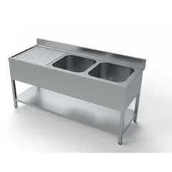 Edelstahl Spültisch PRO mit Grundboden 180 x 70 cm - 2 Becken rechts