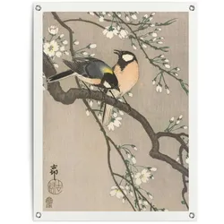 Poster REINDERS "Ohara Koson Kohlmeisen auf Blütenzweig", beige (farbe bild(er): beige), B:60cm H:80cm T:0,1cm, Leinwand, Bilder, Outdoor für Garten oder Balkon