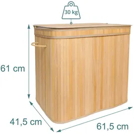 Relaxdays Wäschekorb mit Deckel, Bambus, 150 l, 3 Fächer, HxBxT: 61,5 x 61 x 41,5 cm, Badezimmer Wäschetruhe, Natur