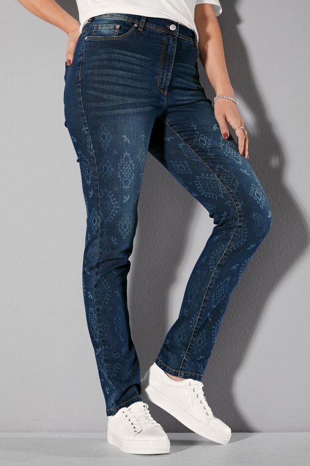 MIAMODA Regular-fit-Jeans Jeans Slim Fit Alloverdruck 5-Pocket blau|grau