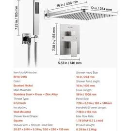 Vevor Duscharmatur Regenduschsystem 254 mm gebürstetes Nickel