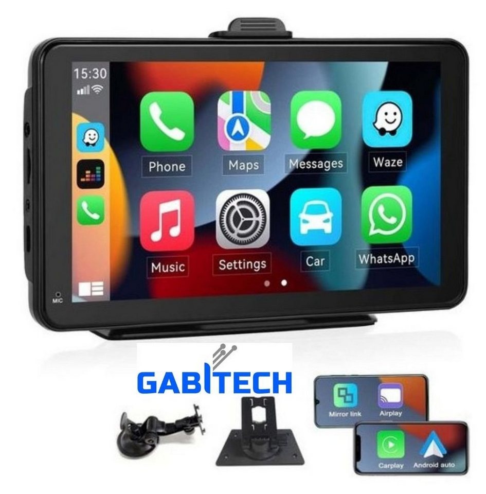 GABITECH 7 Zoll Carplay Smartscreen Navi für Auto LKW Wohnmobil Sprachsteuerung Navigationsgerät (Zentraleuropa (19 Länder), automatisch, für Android und Apple Smartphones,autom. Verbindung, Bluetooth) schwarz