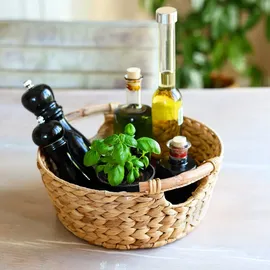 HMF Aufbewahrungskorb rund geflochten aus Wasserhyazinthe mit Holzgriffen 30 x 30 x 13 cm beige