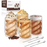 SILRIVES Latte Macchiato Gläser Doppelwandig 350ml 4er Set mit 4 Löffeln,Kaffeegläser aus Borosilikatglas,Isolierende Espressotassen, Cappuccino Gläser,Eiskaffee Gläser,Teegläser,Thermogläser