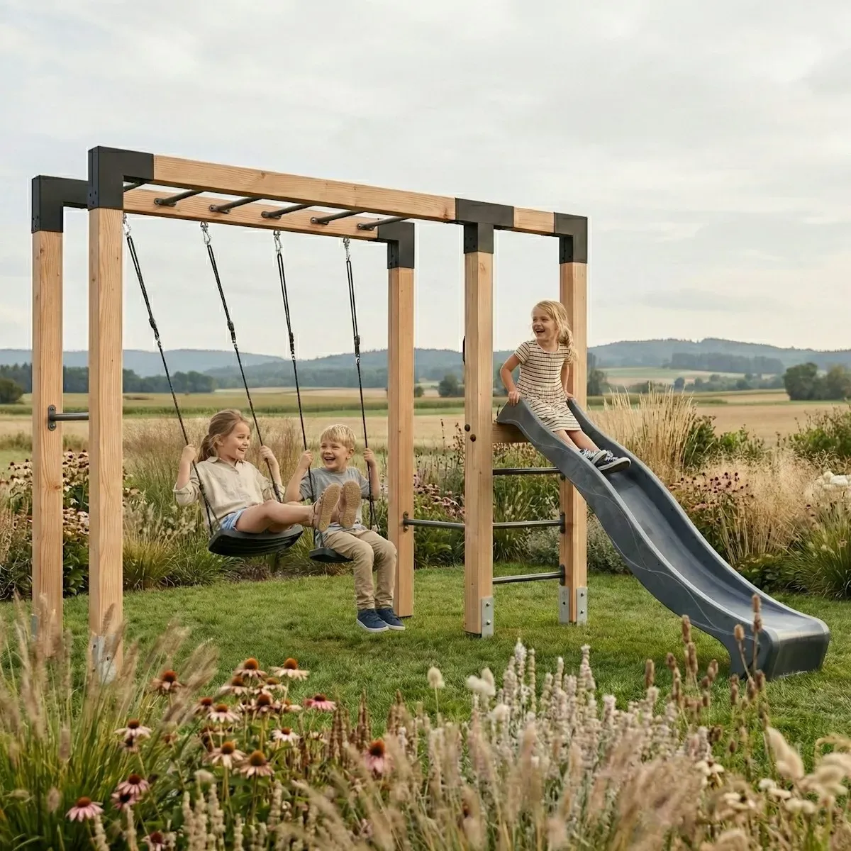 EXIT Holz-Monkeybar Linea Robust 110 mit Doppelschaukel, Rutsche und Reckstange