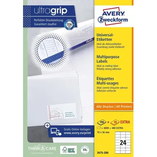 AVERY Zweckform 3475-200 Adressaufkleber (4.800 plus 480 Klebeetiketten extra, 70x36mm auf A4, Papier matt, bedruckbare Absenderetiketten, selbstklebende Adressetiketten mit ultragrip) 220 Blatt, weiß