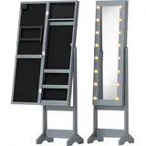 HOMCOM Schmuckschrank mit LED‐Spiegel – verstellbarer Ganzkörperspiegel, Fächer & Ringleisten, Grau   Aosom