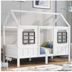 Sweiko Kinderbett (Hausbett mit Rausfallschutz, 1-tlg., Einzelbett mit Lattenrost und 2 Fenstern), Massivholz Jugendbett 200×90 cm Bett weiß für Mädchen & Jungen weiß