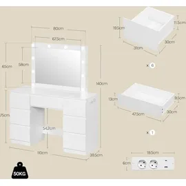Woltu Schminktisch mit Spiegel LED-Beleuchtung, Steckdose, 7 Schubladen, Weiß