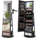 FANTASK Schmuckschrank stehend, Spiegelschrank 360° drehbar mit Ganzkörperspiegel, LED-Leucheten & Schublade & Haartrocknerhalter, Standspiegel mit 3 Regalen (Schwarz)