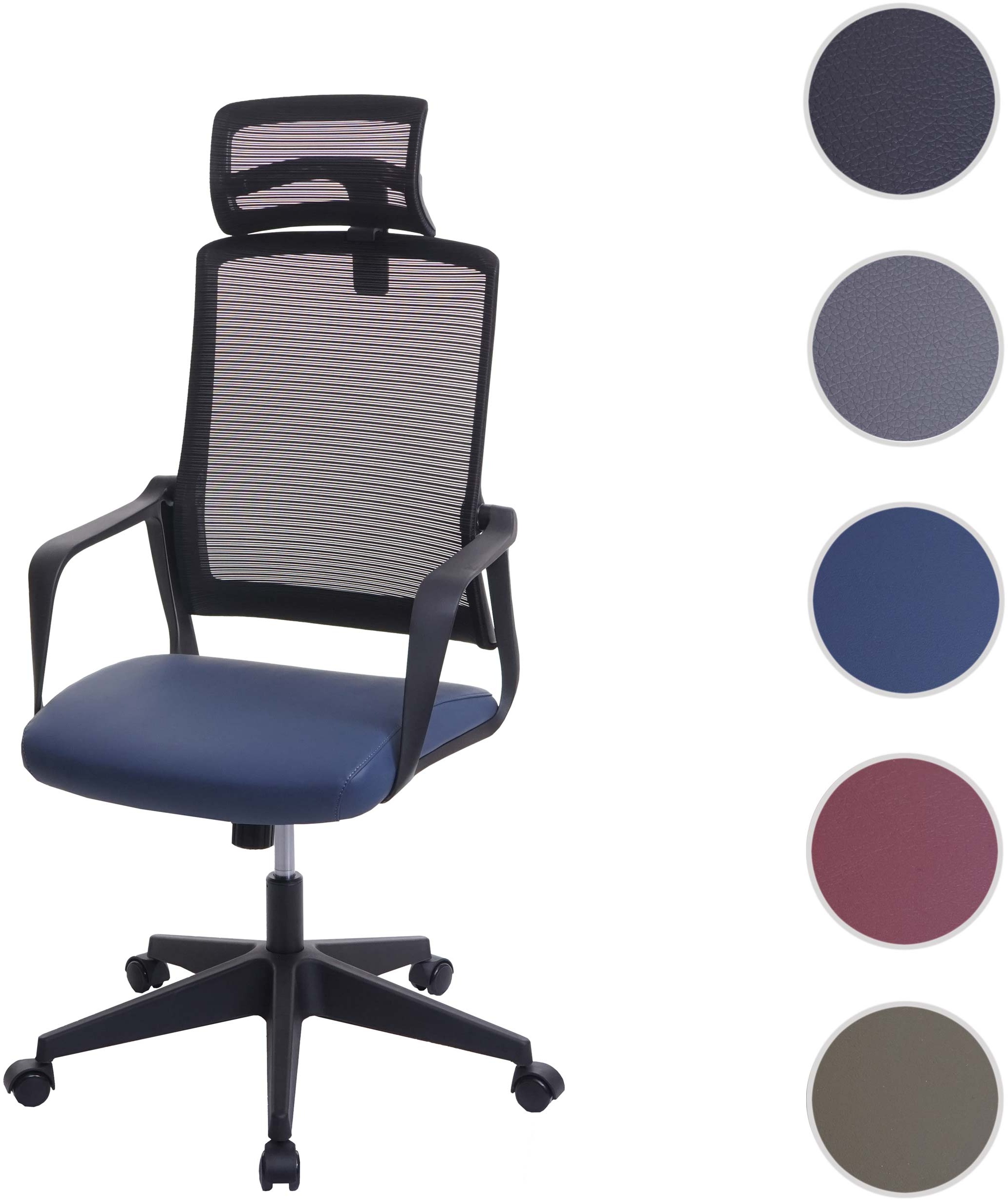 B√orostuhl HWC-J52, Drehstuhl Schreibtischstuhl, ergonomisch Kopfst√otze, Kunstleder ~ blau-grau