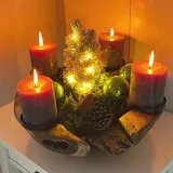 Homecall Adventskranz Modern Kerzenhalter Adventskranz Holz Mit 4 Kerzenpicks Adventsgesteck Schlüsselschale Adventskranz Teelichter Holzschale Ø 20cm - 25cm Teakschale (Ohne Kerzen und Dekorationen)