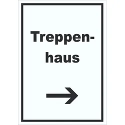 Treppenhaus Schild mit Text und Richtungspfeil rechts Stufen steigen hochkant A6 (105x148mm)