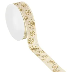 Stoffband "Schneeflocken", natur-gold, 25 mm, 5 m