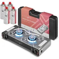 Gaskocher 2-flammig mit Piezozündung - Campingkocher für Gaskartuschen MSF-1a 227g - Camping Gaskocher für Campinggaz - Campingkocher 2 flammig - Campinggaskocher - Camping Herd + 4 Gaskartuschen