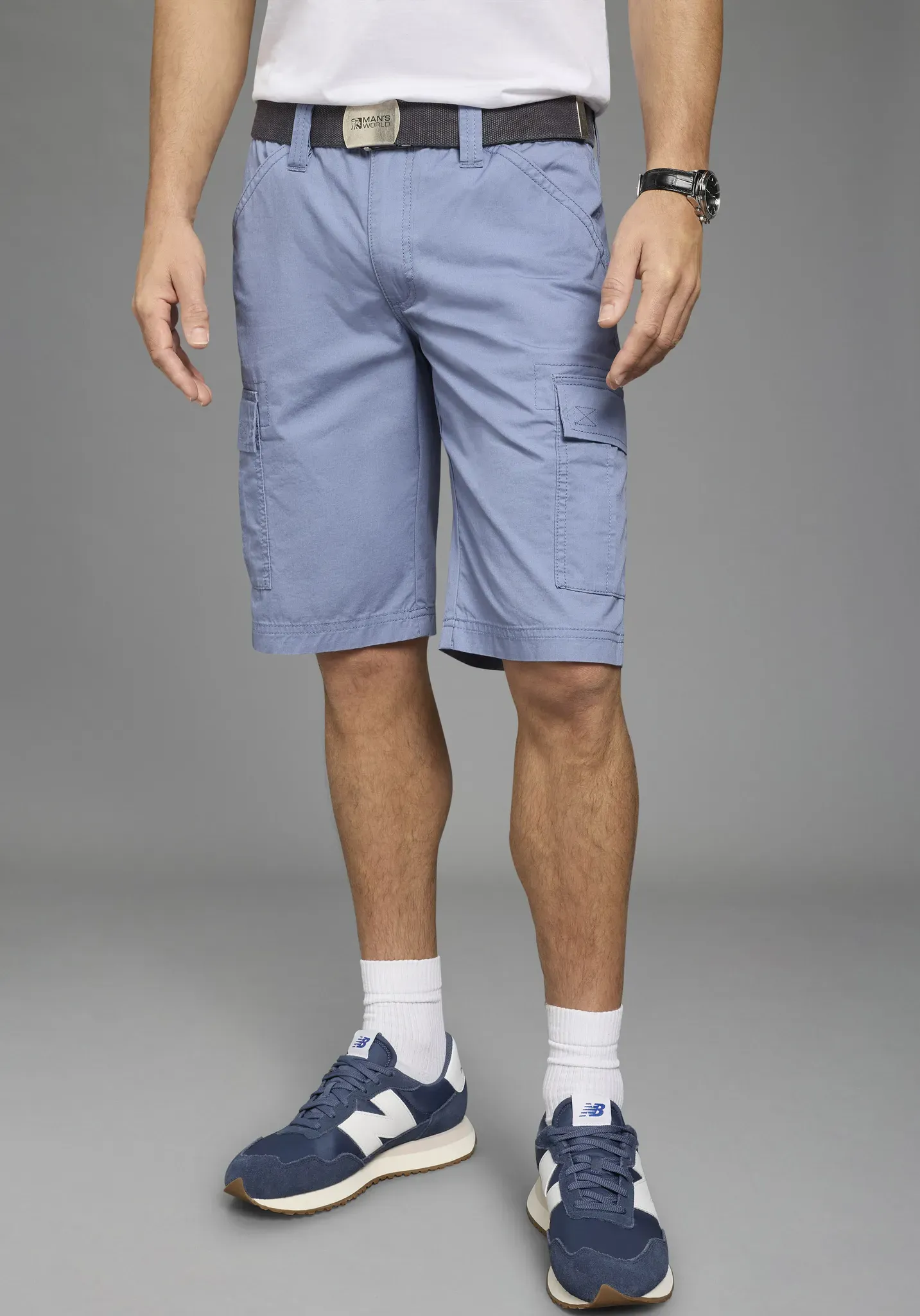 Cargobermudas MAN'S WORLD, Herren, Gr. 46, N-Gr, blau (graublau), Obermaterial: 100% Baumwolle, unifarben, normal kniebedeckend, Hosen, auch in Großen Größen, Topseller