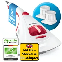 CLEANmaxx Milbensauger mit UK Stecker & Reiseadapter | Allergenbekämpfung & Sterilisation durch UV-C-Licht & Feinstaubfilter | Chemiefrei & sicher für Bett, Matratze etc. | Waschbarer Feinstaubfilter