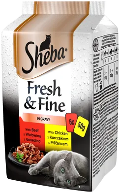 SHEBA Beutel 6x50g Fresh&Fine - feuchtes Katzenfutter in Sauce (mit Huhn, Rind, Ente) (Rabatt für Stammkunden 3%)