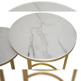 Mendler 2er-Set Beistelltisch HWC-K46, Kaffeetisch Nachttisch Loungetisch, Marmor-Optik MDF ~ weiß-gold