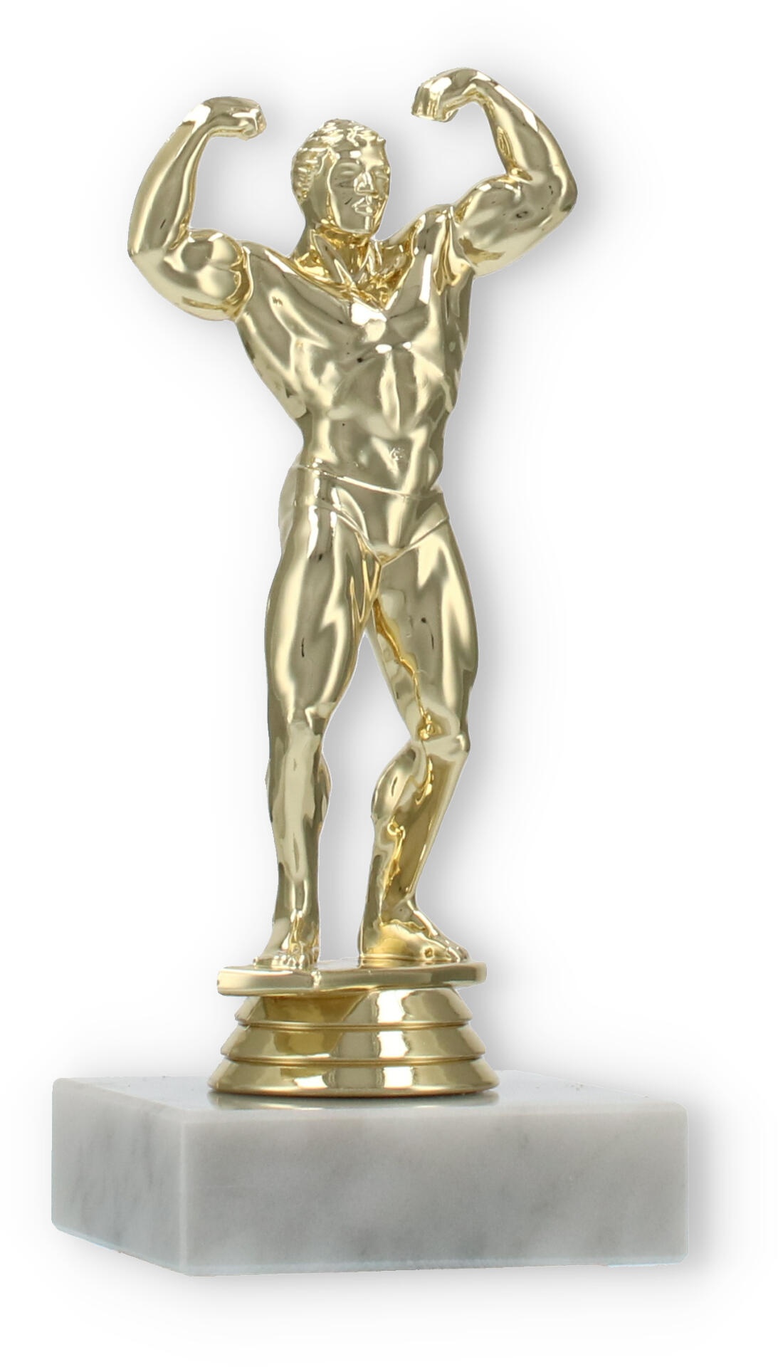Pokal Kunststofffigur Bodybuilder gold auf weißem Marmorsockel 14,9cm
