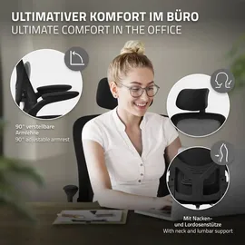 ML-Design Bürostuhl ergonomisch, Schwarz, Mesh, mit Verstellbarer Kopfstütze, Armlehnen, Lendenwirbelstütze, Wippfunktion,