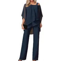 Damen Tüll Abendanzug Sets Zweiteiler Chiffon Shirt und Hohe Taille Hosenanzug Elegant Vintage 2-Teiliges Set Outfit Cocktail Party Festlich Hosenanzug(Dark Blue,L) - L