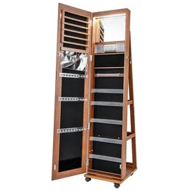 Costway Schmuckschrank mit Spiegel & LED, auf Rollen, stehend, abschließbar braun