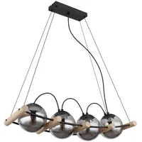 GLOBO Pendellampe 4-flg. 75 cm Rauchglas Metall schwarz Holz braun