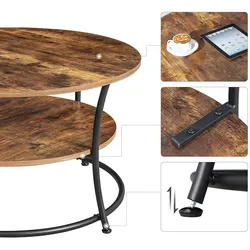 UAC Couchtisch rund 80 x 45 cm, Sofatisch mit Ablage, Wohnzimmertisch, einfacher Aufbau, Metall, Industrie-Design, Dunkelbraun