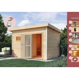Karibu Saunahaus Außensauna Gartensauna Außensauna JOOST 2 natur 38mm Wandstärke 337 x 231 cm großes Sparset mit Ofen und Steuergerät
