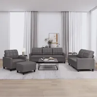 Iiaky Sofa Set 3 2 1 Wohnzimmer Sofagarnitur 3-2-1Couchgarnitur WohnzimmerSofa Kunstleder-Grau-Mit Kissen & Fußhocker