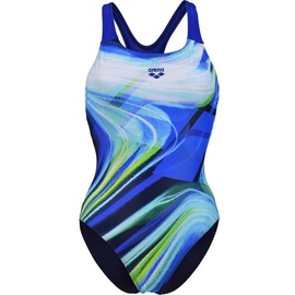 Arena Damen Schwimmanzug WOMEN'S VISUAL WAVES SWIM, NAVY-NEON BLUE MULTI-NEON BLUE, 44